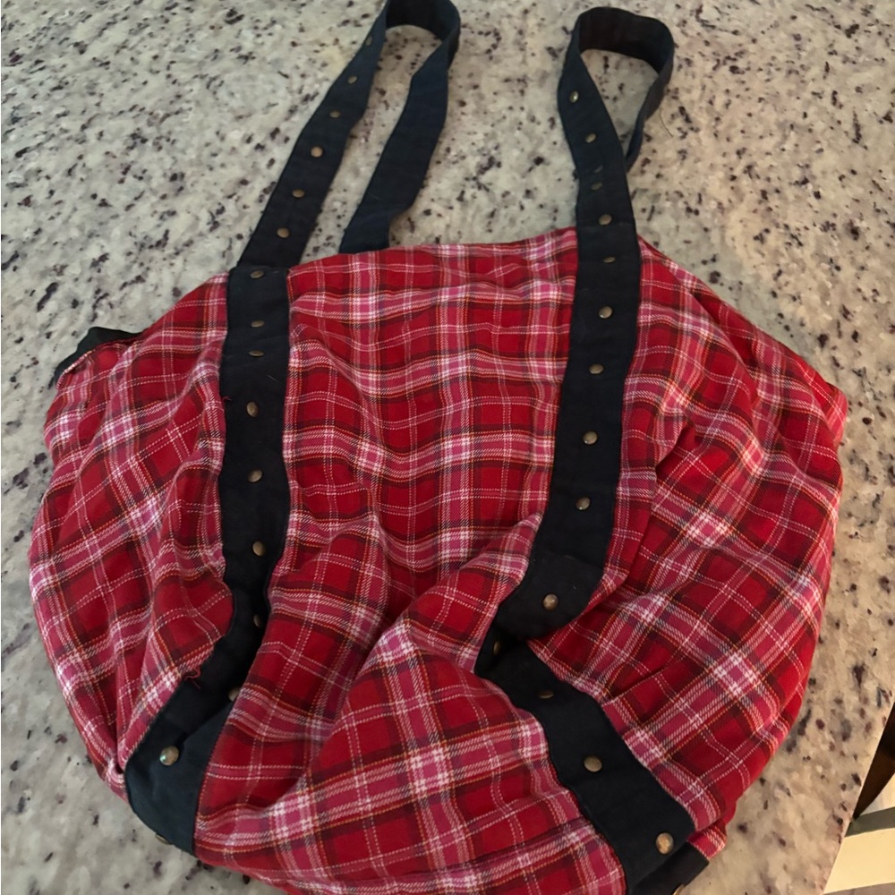 Red Plaid Tote Bag with Black Straps